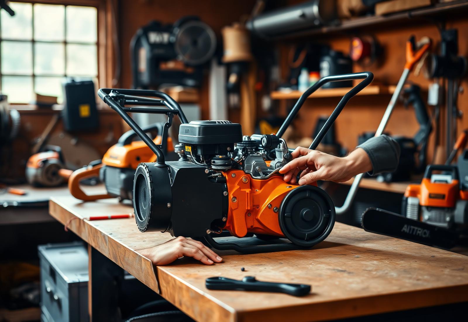 Technician repairing a snow blower on a workbench